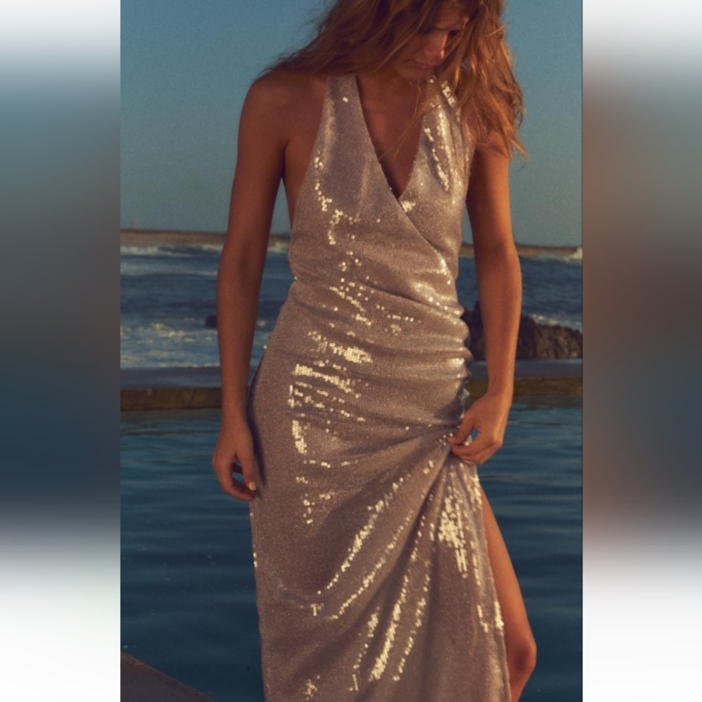 Zara Sequins Ruched  with Slit Sleeveless Halter Neckline  Festive Dress